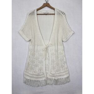 Christopher & Banks Crochet Cardigan Womens L Short Sleeve Fringe Boho Open Knit